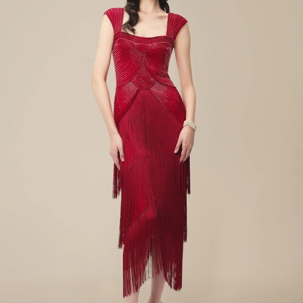 Old World Glamore Dark Red Beaded Fringe Dress - Picture 6 of 7